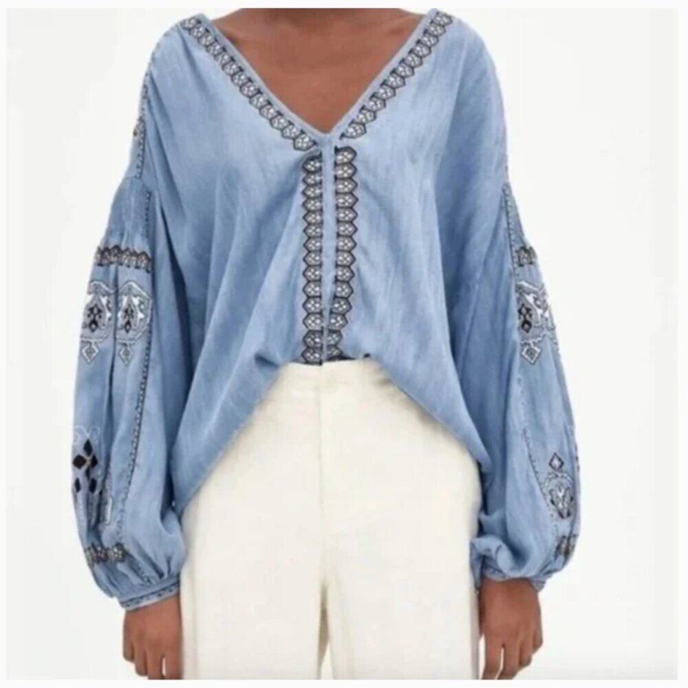 Zara TRF Chambray Embroidered Balloon Sleeve Peasant Blouse